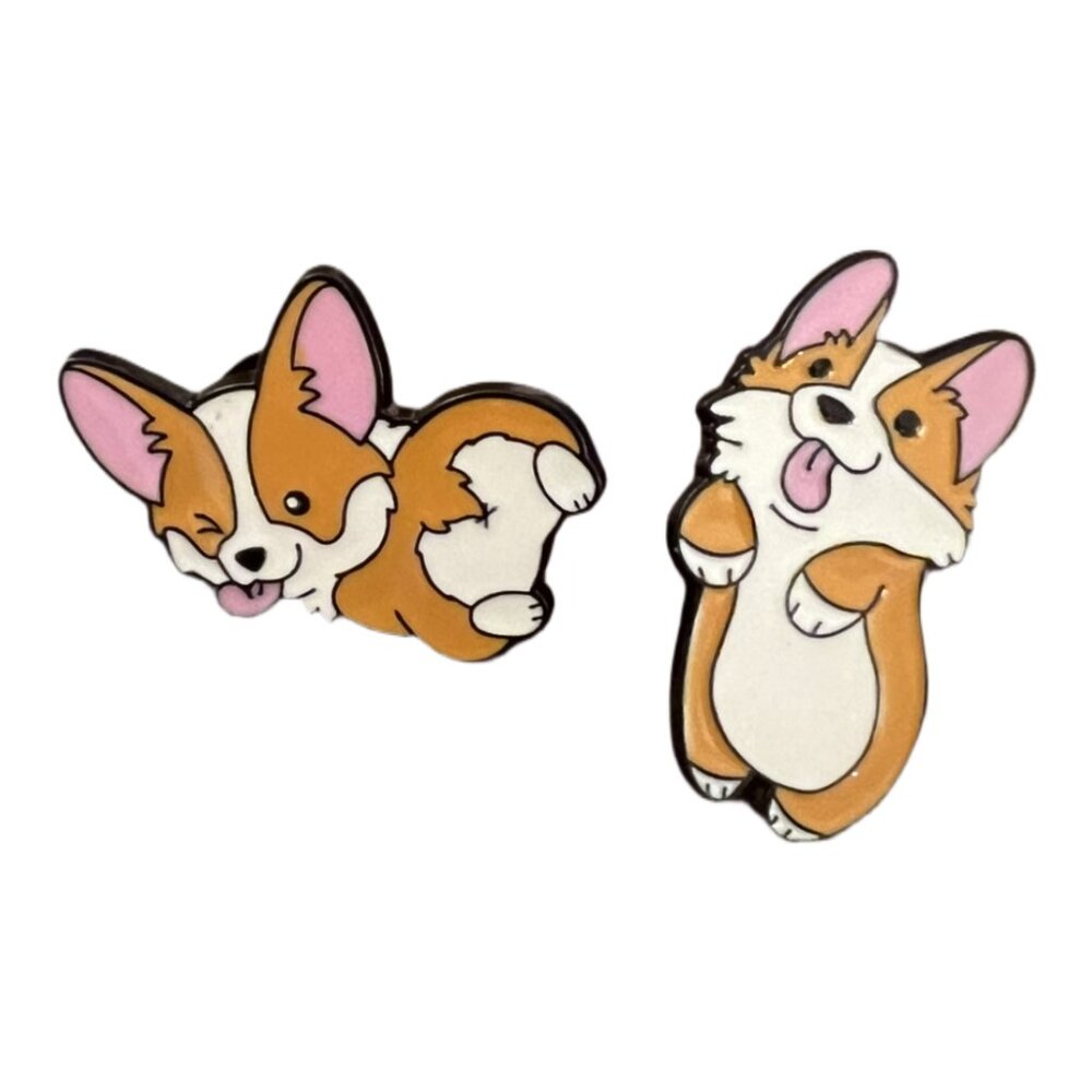 🧷🐕 Pair of Adorable Corgi Dog Enamel Pins - On Black Backings